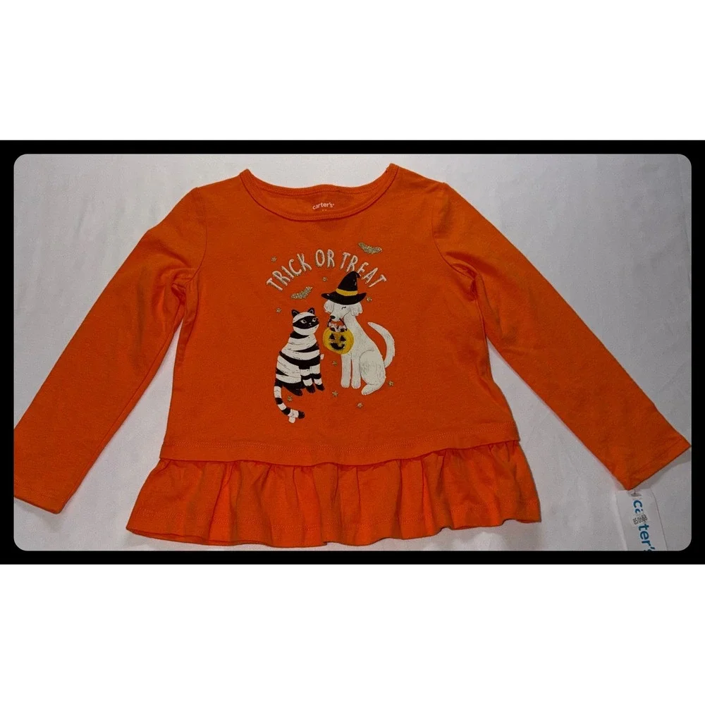 Carter's Halloween Long Sleeve Peplum Top Toddler Girl 4T Orange Trick or Treat